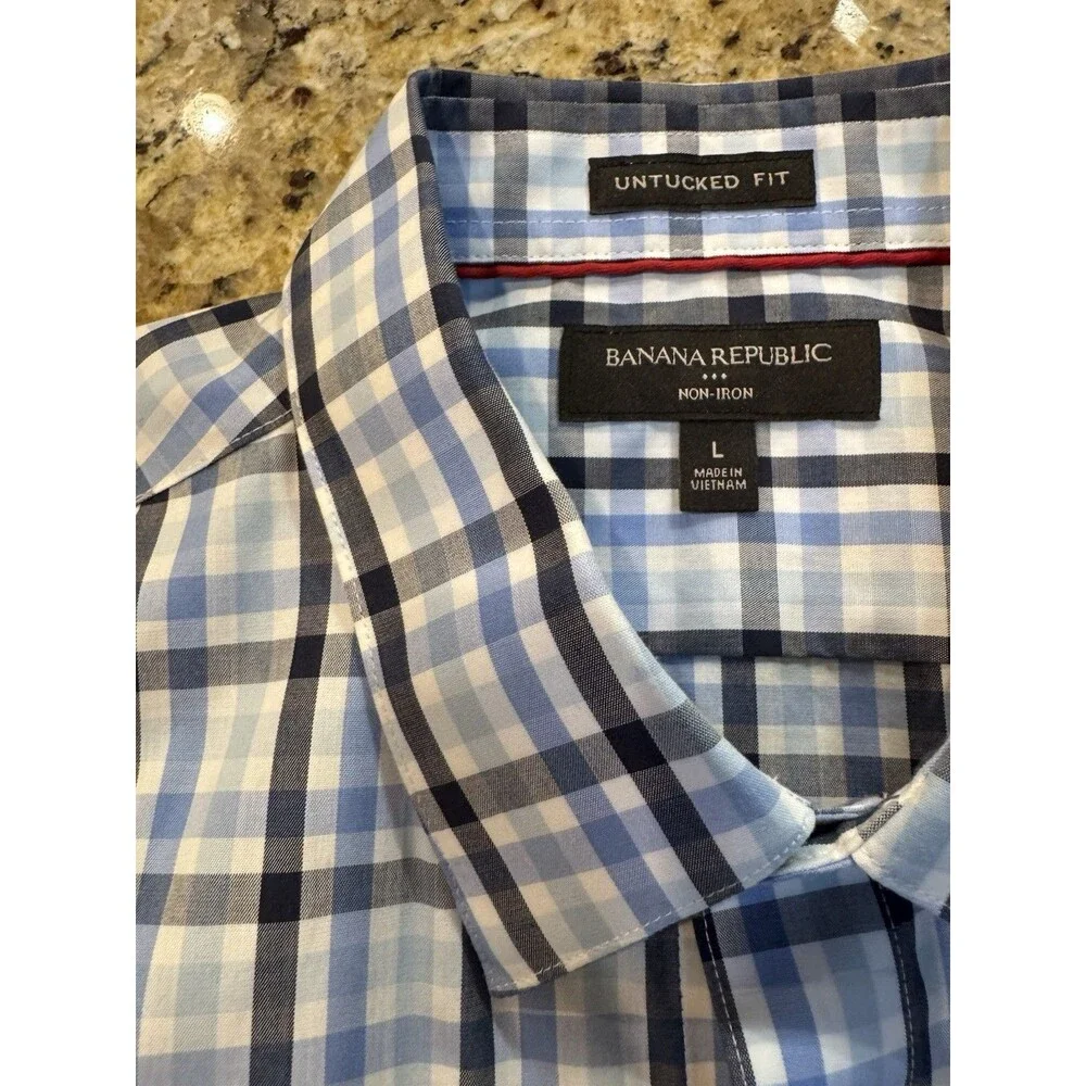 Banana Republic Non-Iron‎ Untucked Fit Shirt L Blue Plaid 100% Cotton